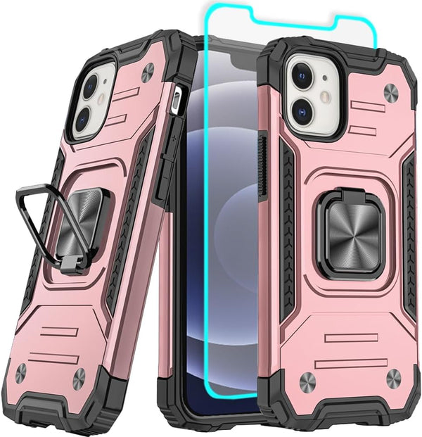 HNHYGETE iPhone 12/12 Pro Case with Screen Protector, Heavy Duty Military Grade 360° Rotatable Kickstand, Rose Gold