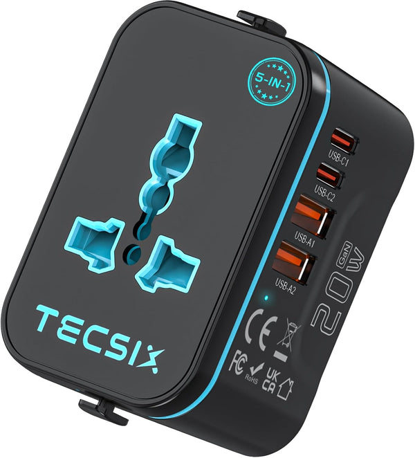 TECSIX Universal Travel Adapter Worldwide PD 20W, International Power Adapter Fast Charging with