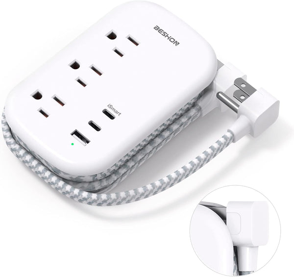 BESHON Flat Plug Power Strip with 3 Outlets and 3 USB Ports (2 USB C), 3.2ft Wrapped Extension Cord for Travel