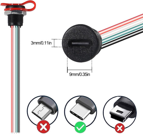 15PCS USB-C Charging Connector, Type-C Female Chassis 4 Pin Socket Waterproof Pigtail Cable Extension Power Cable 3A
