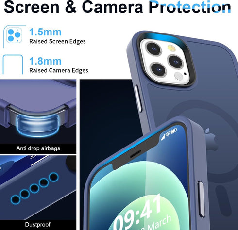 Upgraded Magnetic iPhone 12/iPhone 12 Pro Case, Slim Deep Blue Matte, Military-Grade Protection, Compatible with