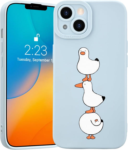 JOYLAND Cartoon Ducks Pattern Cell Phone Case for iPhone 14, Cute Kawaii Blue Silicone Gel, Full Body Protection, 6.1
