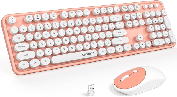 KNOWSQT Wireless Keyboard and Mouse Combo - White-Orange Full-Sized 2.4 GHz 104 Keys Typewriter Keyboard