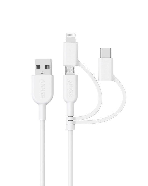 Anker Powerline II 3-in-1 Cable (3ft, White) for iPhone, iPad, Samsung Galaxy, Huawei, HTC, LG, Sony Xperia, Android.