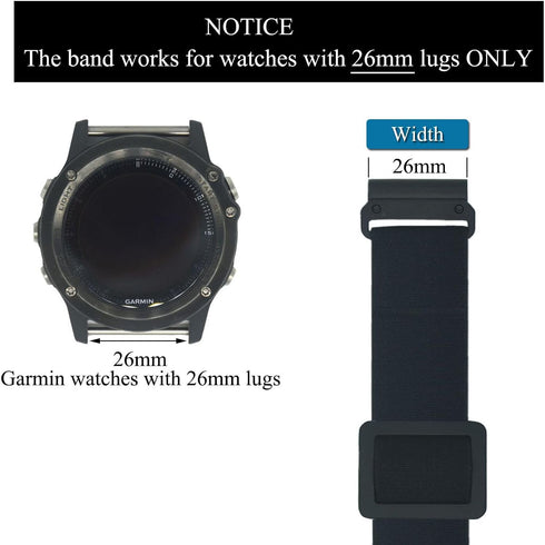 26mm Elastic Armband or Ankle Band for Compatible with Garmin Fenix 7X Sapphire Solar, Fenix 6X Pro/Sapphire, Fenix 5X/5X Plus, Fenix 3/3 HR, Elastic Armband or Ankle Band for Men and Women, Black