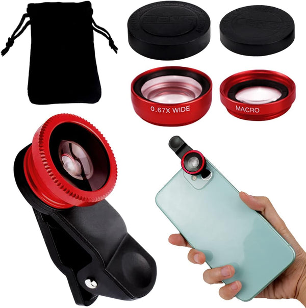 3 in 1 Phone Camera Lens Kit with Clip, Fisheye Lens, Wide Angle Lens, Macro Lens for Smartphones iPhone, Android (Red)
