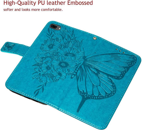 iPhone 7/8 Plus Wallet Case, Butterfly Floral Embossed, Card Holder Slots, Stand Leather Protective Flip Cover (Blue)