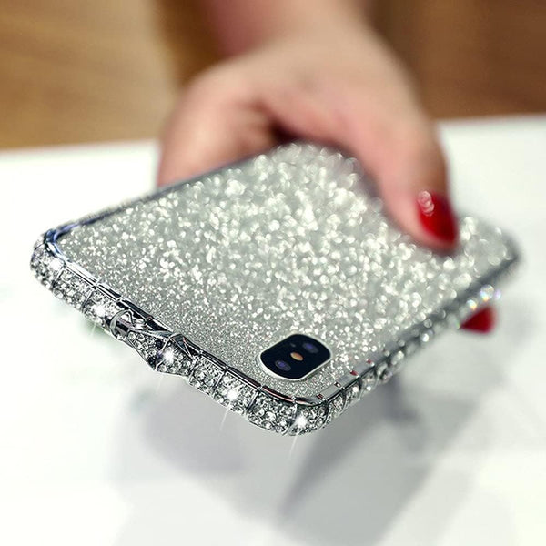 Fusicase for iPhone XR Diamond Case - Glitter Sticker Bling Rhinestone Crystal Metal Bumper Frame, Silver
