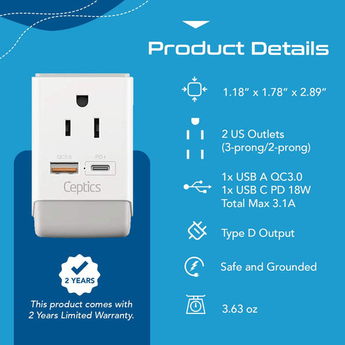 Ceptics US to India Plug Adapter, Type D QC 3.0 & PD, Safe USB Fast Charging for Pakistan Nepal Sri Lanka