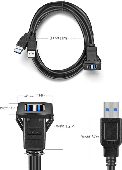Dual USB3.0 Square Flush Mount - 1M 3ft Extension Mount for Car, Boat, Motorcycle, Dash, Panel