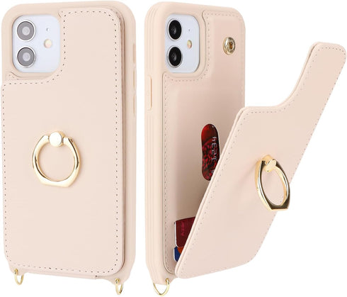 for iPhone 11 Phone Case with Card Holder and Strap for Women,Crossbody Lanyard,Kickstand Ring Stand,Snap Clasp,Phone Wallet Cases 6.1 inch(Beige)