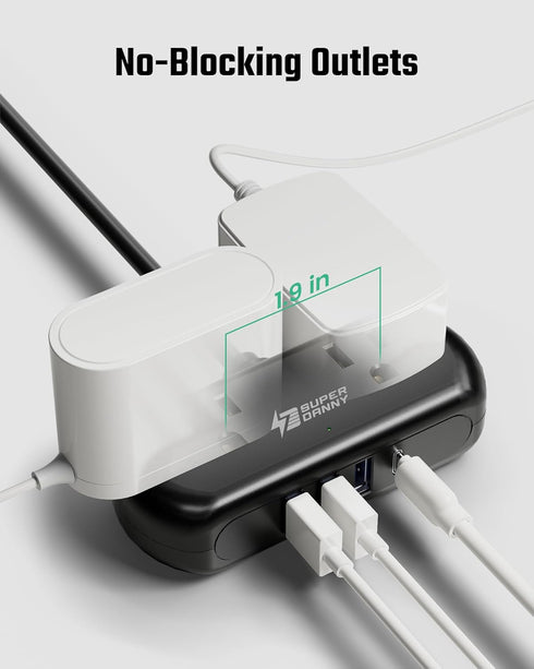 2Ft Extension Cord, SUPERDANNY Mini Surge Protector with 2 Wide-Spaced Outlets, USB Power Strip