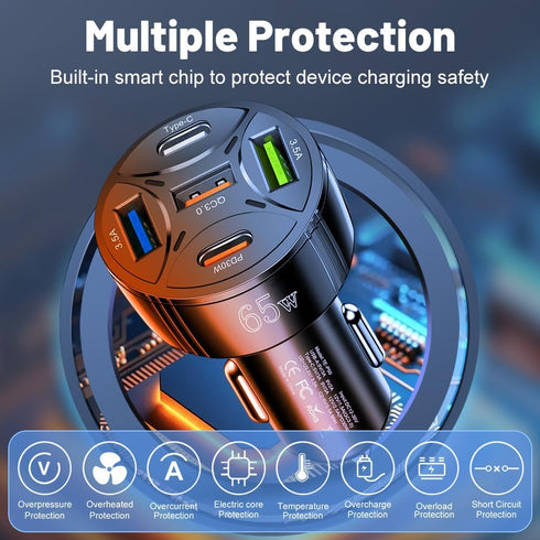 65W 5 Ports Car Charger USB Adapter, Type C PD30W & QC3.0 Fast Charging for iPhone/Android/Samsung/iPad Pro (Black)