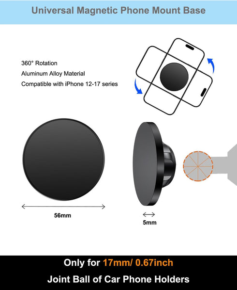 QZAPZU 12-17 18xN52 17mm/0.67inch Aluminum Alloy Magnetic Ball Mount Head for Magsafe iPhone Series, Magnets, Matte