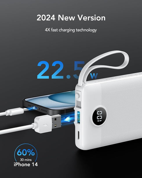 VRURC Portable Charger Fast Charging, 22.5W 10000mAh Power Bank, USB C Built-in Cable, LED Display Slim Charging Bank,