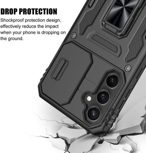 for Samsung Galaxy S23 FE Case, Shockproof Phone Case & Sliding Camera Cover & Ring Holder Kickstand with Screen