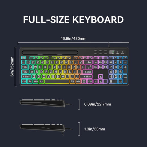 MARVO Large Print Backlit Keyboard, WK712 Wired Computer Keyboard with 7 Colors & 11 Modes for Windows, Mac