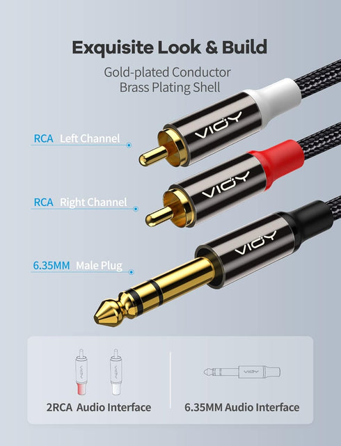 VIOY 5 FT 1/4 to Dual RCA Audio Cable - Gold Plated Copper Shell Heavy Duty 6.35mm TRS Jack to 2 RCA Phono