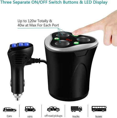 3 Socket Cigarette Lighter Splitter Power Adapter + 3 USB Car Charger 120W 12V/24V DC Outlet with Volt Meter for Cell