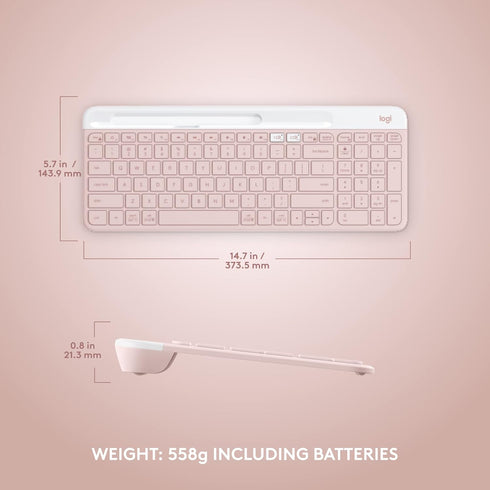 Logitech K585 Multi-Device Slim Wireless Keyboard with Built-in Cradle for Laptop, Tablet, Smartphone, Rose