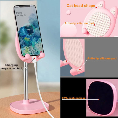 Cute Cat Phone Stand, Cat Head Cell Phone Holder for Desk, Angle & Height Adjustable Compatible with All Smartphones,