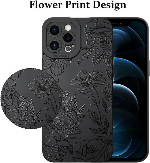 LSL iPhone 12 Pro Max Case, Black Floral Flower Pattern Print, Soft TPU Full Camera Lens Anti-Drop Anti-Scratch