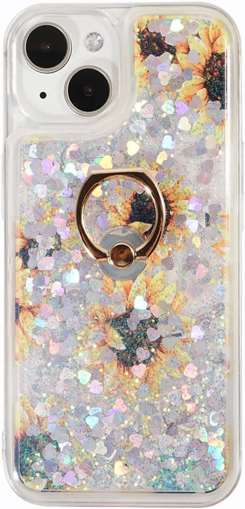Glitter Case with Ring Holder for iPhone 15, Clear Kickstand Soft TPU Bling Girly Liquid Holiday