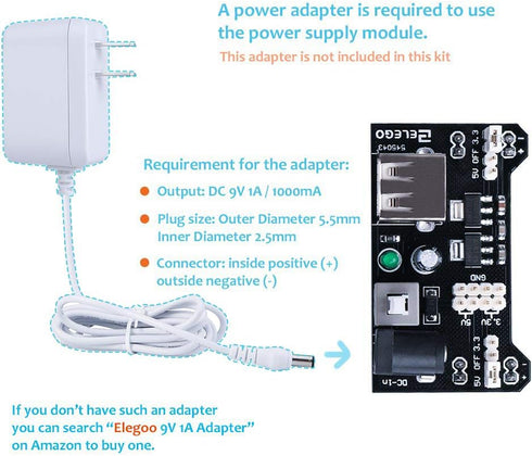 ELEGOO Upgraded Electronics Fun Kit with Power Supply Module, Jumper Wire, Precision Potentiometer, 830 tie-Points