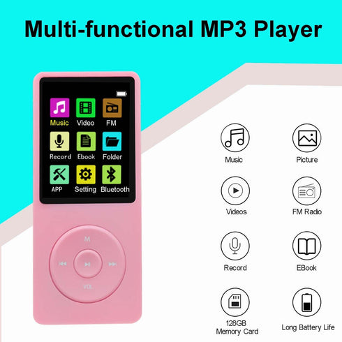imkavery 128GB MP3 5.2, Player with Bluetooth Portable Pink Music Player for Kids with Built-in HD Speaker, FM Radio
