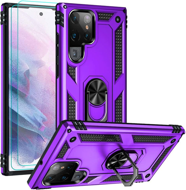 Androgate Galaxy S22 Ultra Case with HD Screen Protectors, Military-Grade Ring Holder Kickstand, 15ft Drop Tested