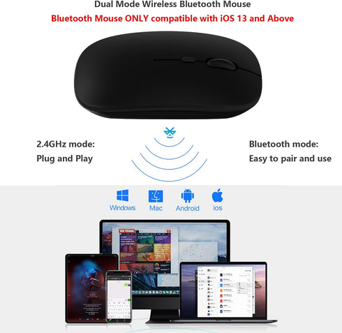 Wireless Bluetooth Mouse for Apple iPad iPhone MacBook Android Samsung Tablet Phone Dual-Mode Rechargeable 2.4G Portable Computer Mice for Windows Laptop Notebook PC Mac Desktop USB Receiver (Black)