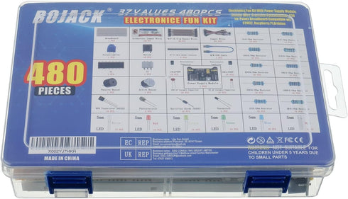BOJACK 37 Values 480 Pcs Electronics Component Fun Kit with Power Supply Module, Jumper Wire, Breadboard