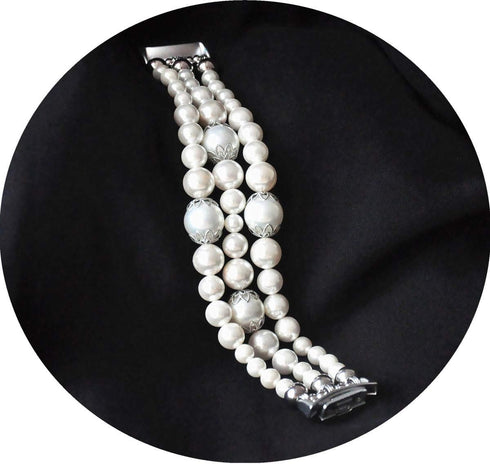 White Pearl Bands Compatible with Samsung Gear S2 Smartwatch, Elastic Stretch Handmade Jewelry Bracelet Strap