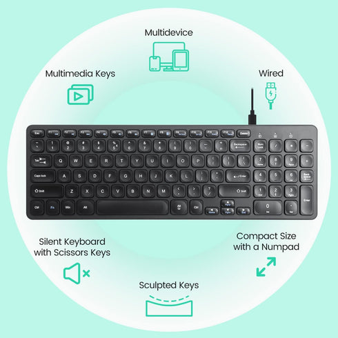 Perixx PERIBOARD-215B US Wired Keyboard, Ultra Slim Scissor Keys, 2 USB-A & USB-C Ports, Detachable Cable, Black