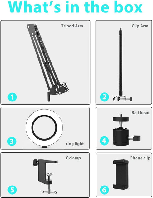 Overhead Camera Mount with Ring Light, Flexible Articulating Phone Arm Stand for iPhone, Logitech Webcam, Desk Tripod