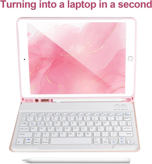 Keyboard Case for iPad 9th/8th/7th Gen 10.2’’, Detachable Bluetooth Keyboard, Pencil Holder, Pink-W