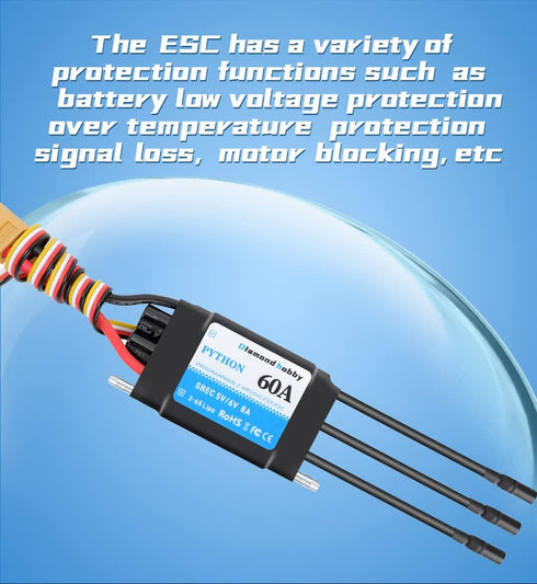 60A 2-6S 5V/6V 8A XT60 3.5mm DH Waterproof Brushless ESC Electronic Speed Controller with BEC and Banana Head Connector