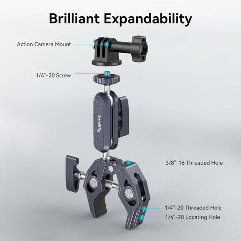 SMALLRIG Ballhead Magic Arm with Clamp and Adapter, Camera Mount Clamp for Gopro, Monitor Mount with 1/4"-20, 3/8"-16
