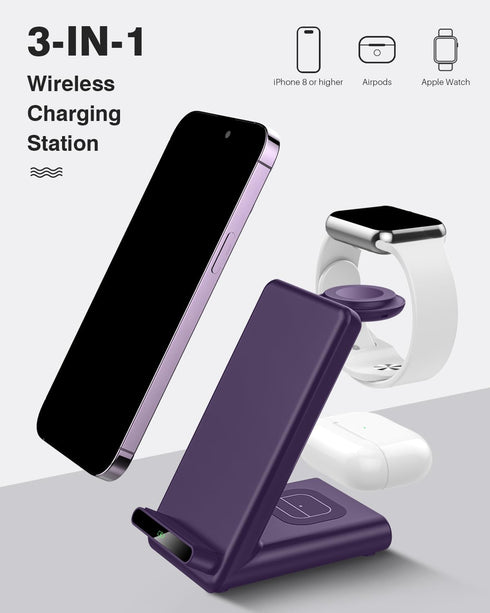 Wireless Charging Station, 3 in 1 Stand for Apple Watch Ultra, Fast Charger for iPhone 16/15/14/13/12/11