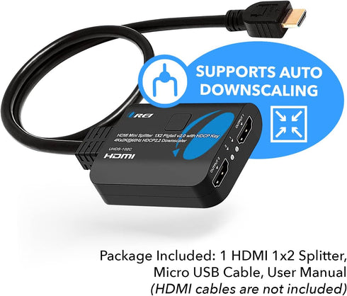 OREI 4K HDMI Splitter 1 in 2 Out, 4:4:4 8-bit, HDCP 2.2, 18 Gbps, 4K@60Hz HDMI Duplicator/Distributor