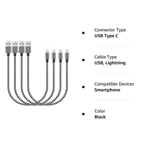 4-Pack Short iPhone Charger Cable 1FT, Braided Lightning to USB Fast Charger for iPhone 12 Pro Max/11/X/8/7/6S Plus,