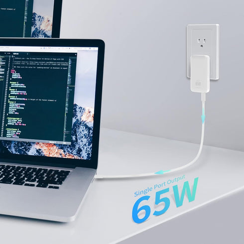 65W GaN USB C Charger, 2 Port Flat Wall Charger with PD3.0 & PPS, 3.28ft 100W Cable for MacBook, iPhone, White