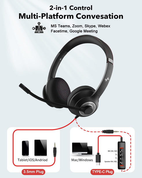 Headset C+3.5mm, JIAMQISHI USB with Microphone for PC, On-Ear Computer Laptop Headphones with Noise Cancelling Mic