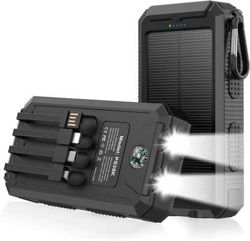 Kepswin Solar Charger 20,000mAh, Portable Power Bank, 4 Cables Outdoor Waterproof External Backup