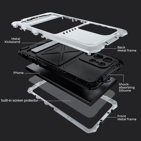 Heavy Duty Metal Aluminium Bumper Case for Samsung Galaxy S24 Ultra with Built-in Screen Protector, Military Grade
