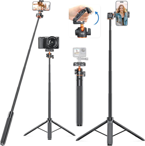 VRIG TP16 Camera Tripod - 55 inch Extendable Phone Selfie Stick Stand with 2 in 1 Phone Clip, 360° Ball Head