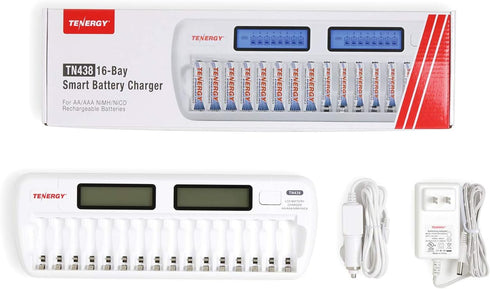 Tenergy TN438 16 Bay Battery Charger for AAA and AA Rechargeable Batteries, AA/AAA NiMH/NiCd Charger with AC Wall