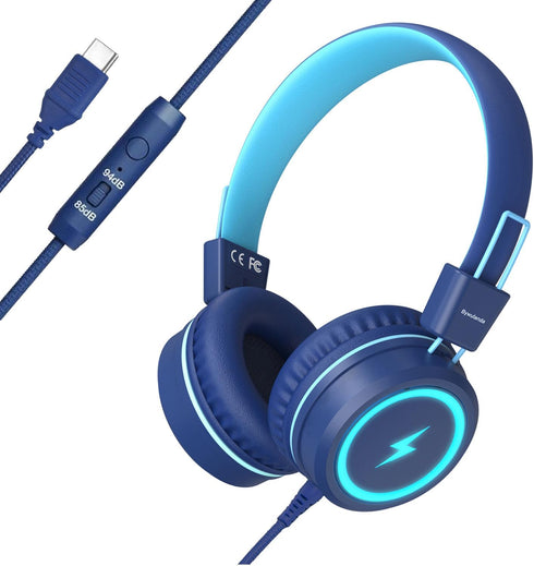 Upgrade USB Type C Kids Headphones with LED Lights, Microphone, Volume Limiter 85/94dB - Blue, Perfect for School &