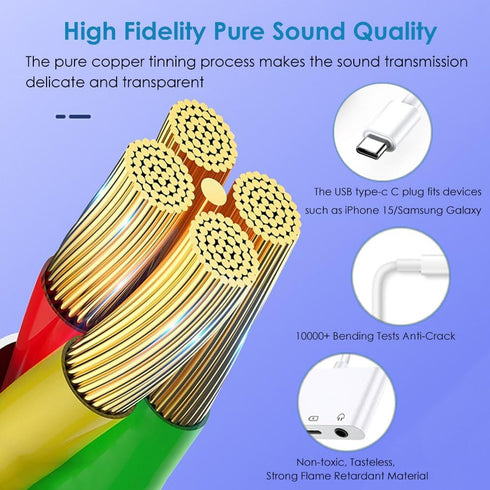 USB C to 3.5mm Headphone Splitter and Charger Adapter for iPhone 15/iPad Pro, 3 in 1 USB C to Dual Earphone Jack with