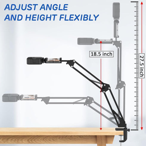 Overhead Phone Mount, Articulating Arm Cell Phone Holder with LED Light, Flexible Phone Stand for Live Streaming, Video